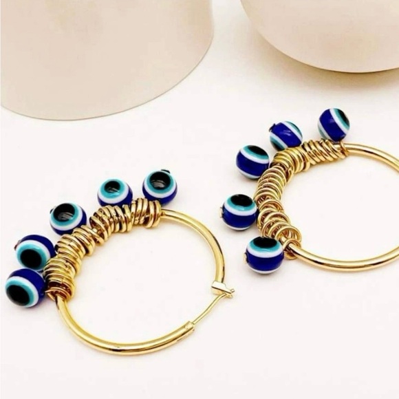 “Quadruple Evil Eye” Navy Blue Devil’s Eye Nazar Mati Protection Talisman Hoops - Picture 3 of 4